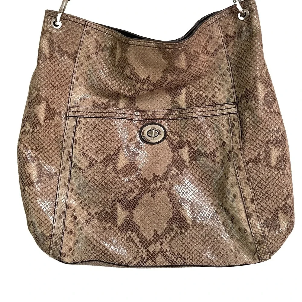 Coach Park Python Snake Print Leather Shoulder Hobo Bag Y2K Style Tan Shiny